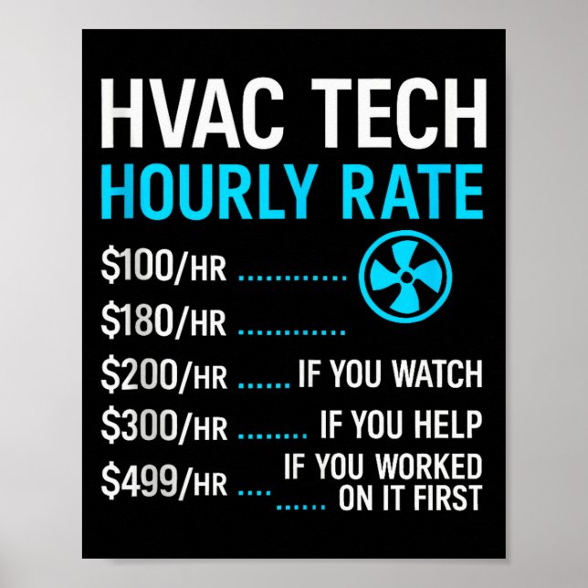Póster Hvac Technician Hourly Rate Funny Work For Men Wom (Frente)