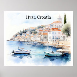 Póster Hvar Croatia Watercolor Travel