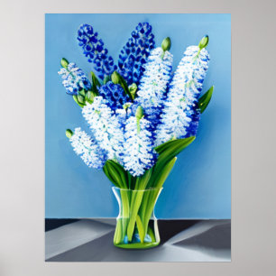 Póster Hyacinths blancos en una bolsa de vidrio en azul