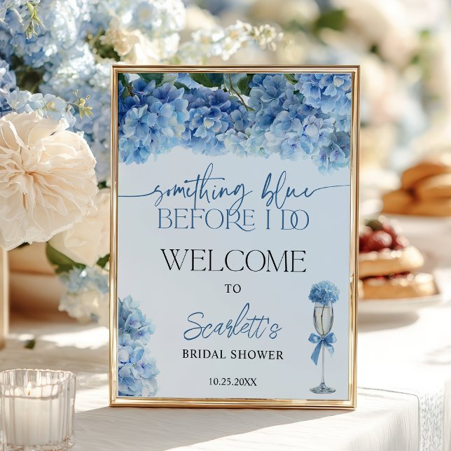 Póster Hydrangea Azul Algo Azul Bienvenida Despedida de S (Something Blue Hydrangea Welcome Bridal Shower Poster)
