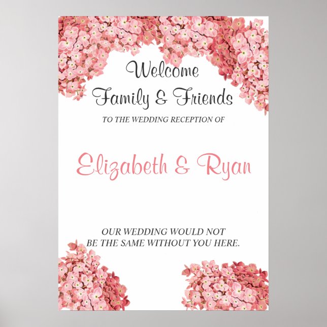 Póster Hydrangea rosa, Poster de bienvenida de boda perso (Frente)