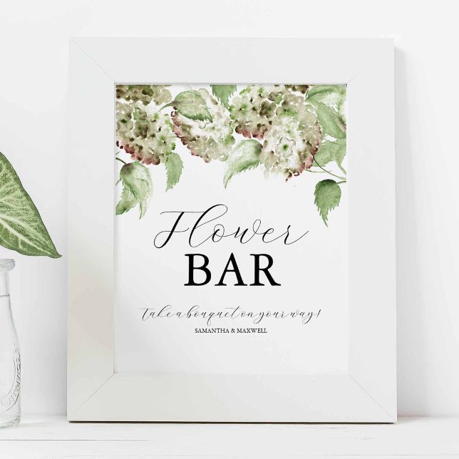Póster Hydrangea Wedding Flower Bar Signs (Flower bar sign watercolor hydrangea art by Victoria Grigaliunas of Do Tell A Belle)