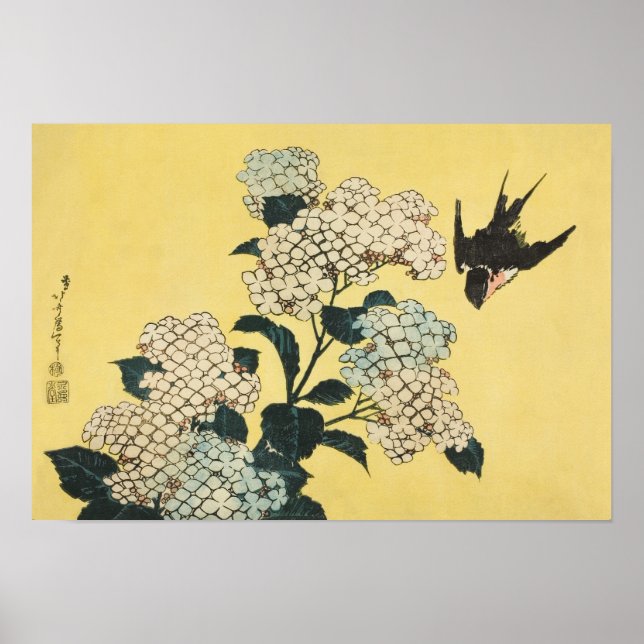 Póster Hydrangea y Swallow por Katsushika Hokusai (Frente)