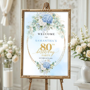 Póster Hydrangeas acuarela oro bienvenida 80 cumpleaños