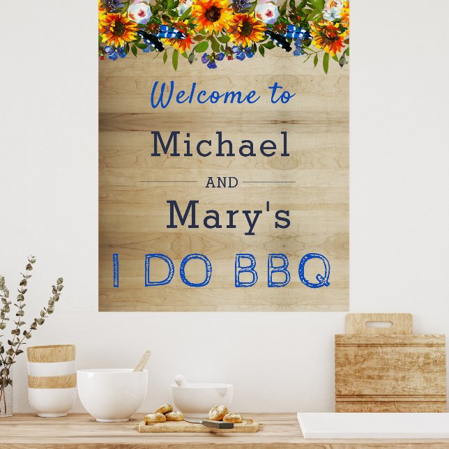 Póster I DO BBQ Floral Wood Monograma Bienvenida (Cocina)