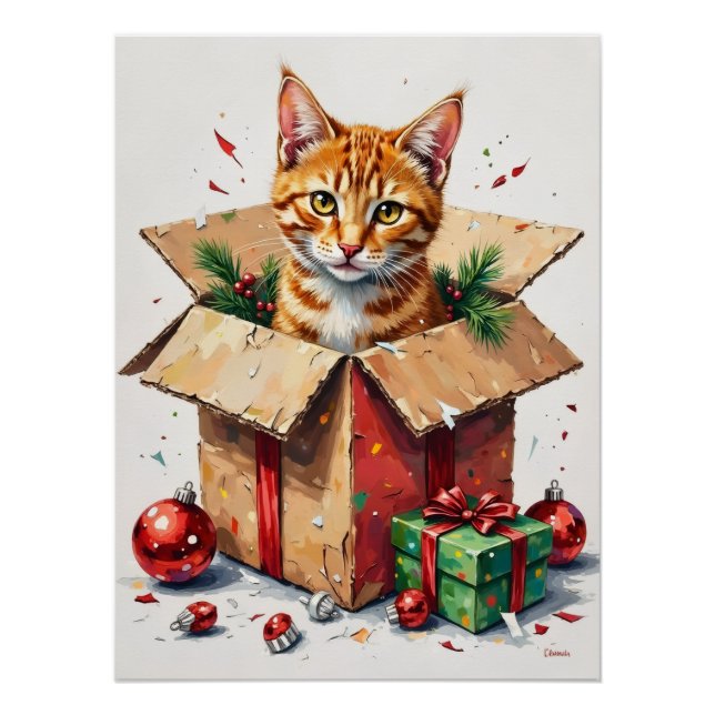 Póster I Help Unpack! Funny Cat in Christmas Shipping Box (Anverso)