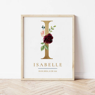 Póster I Letra Monograma Nombre Marsala Nursera Floral