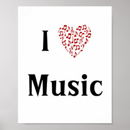 Póster I Love Music Red Heart of Music Notes