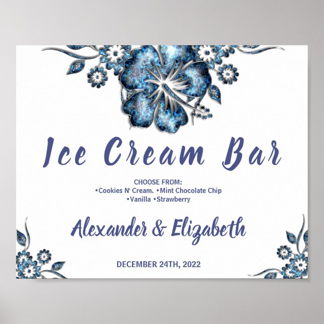 Póster Ice Cream Bar Bridal Shower Boda Rótulo azul (Frente)