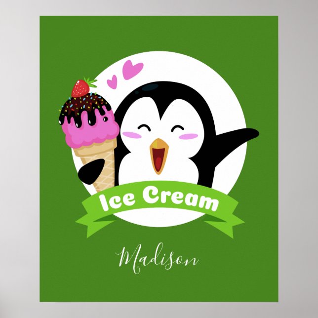 Póster Ice Cream Penguin nombre personalizado y poster de (Frente)