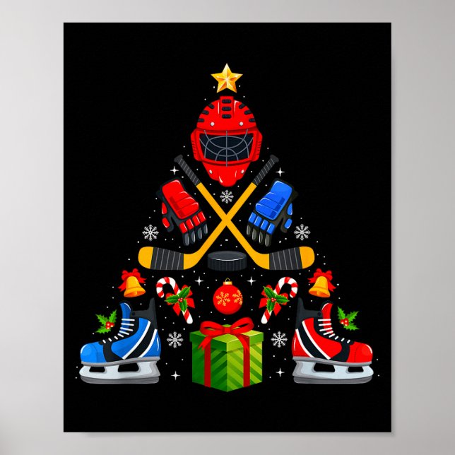 Póster Ice Hockey Christmas Tree Lights Red Santa Hat Xma (Frente)