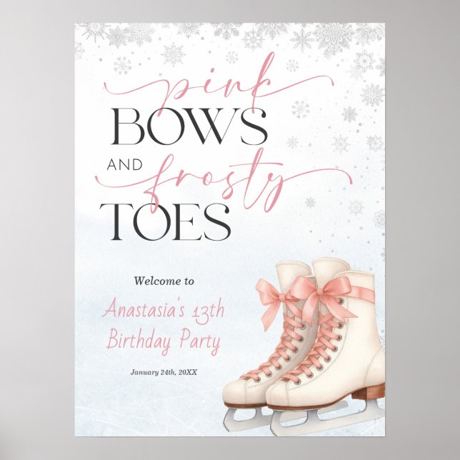Póster Ice Skating Teen Birthday Welcome Sign - Pink Bow (Frente)