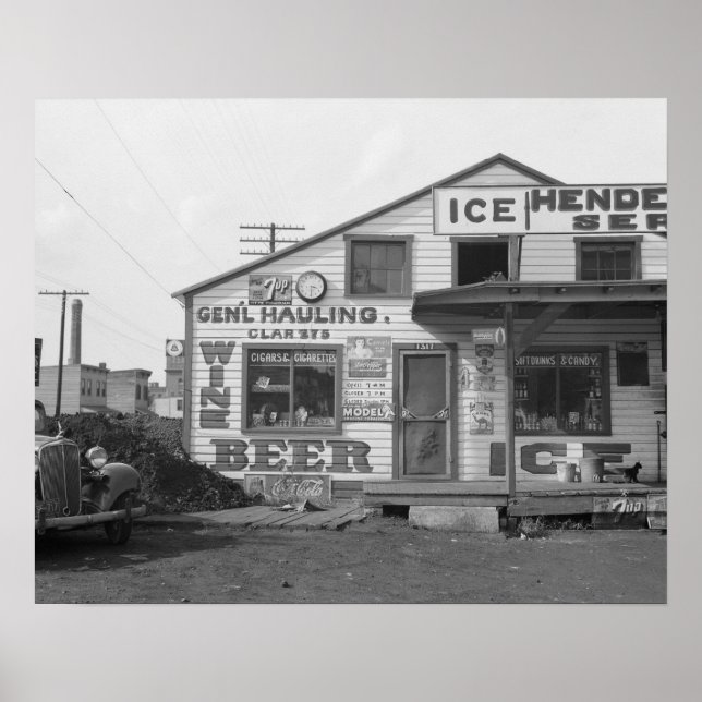 Póster Icehouse y Roadside Store, 1937. Foto de cosecha d (Frente)