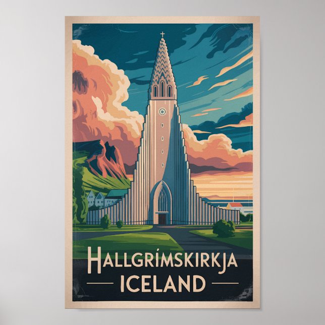 Póster Iceland Hallgrimskirkja Illustration Travel Art (Frente)