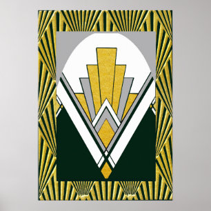 Póster icónico Art Déco. Dorado, gris y negro.