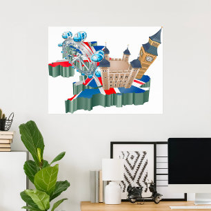 Póster Icónicos monumentos de Londres Mapa británico de v