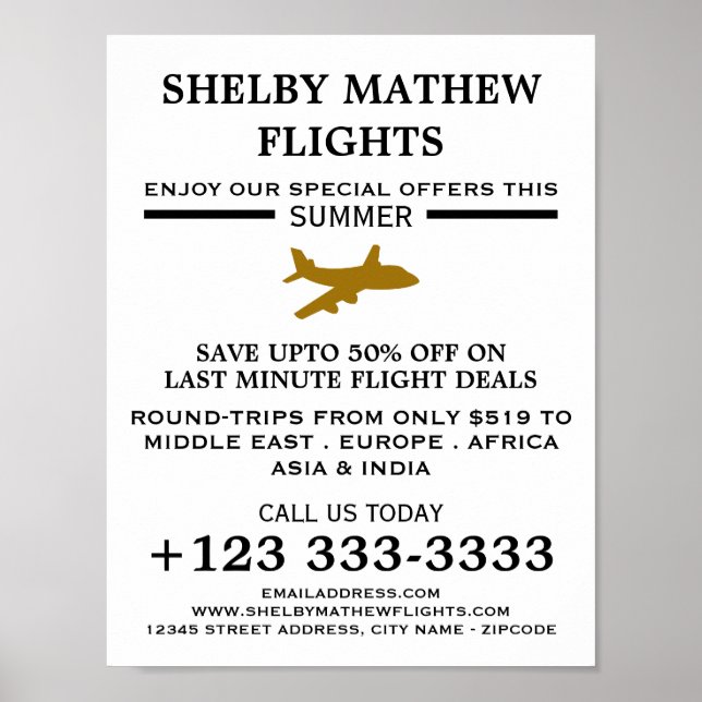 Póster Icono de avión de oro, publicidad de aerolíneas (Frente)