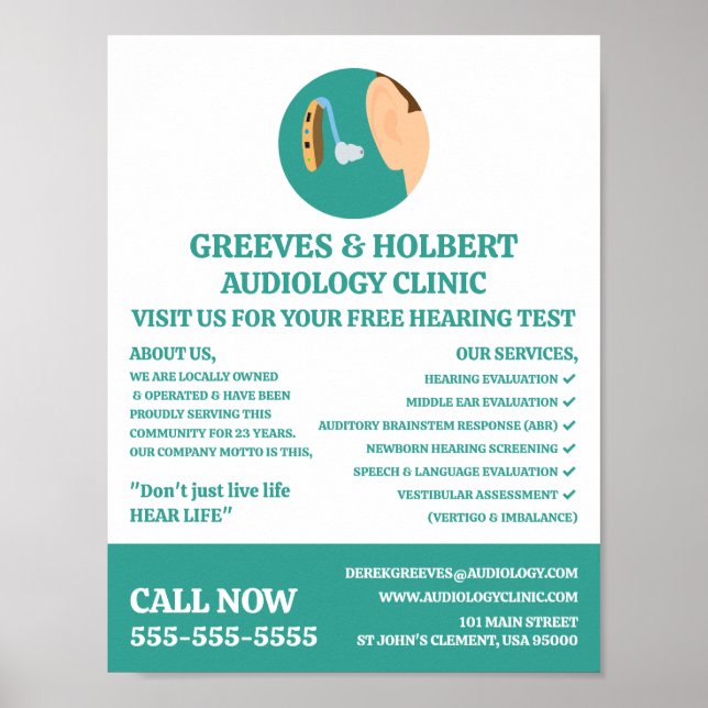 Póster Icono de Ayuda Auditiva, Audiólogo, Clínica Audiol (Frente)