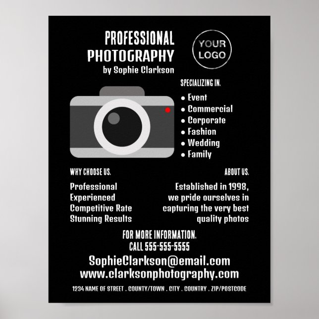 Póster Icono de cámara, fotógrafo, alquiler de fotografía (Frente)