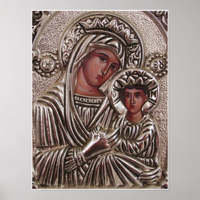 Póster Icono madre e hijo, Madonna y Jesús en plata (Frente)