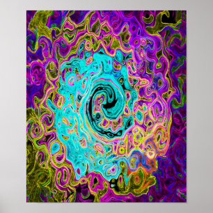 Póster Icy Aqua Blue Groovy Abstract Retro Liquid Swirl
