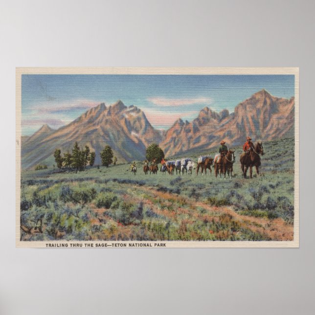 Póster Idaho - View of Men on Horseback on Teton Mts. (Frente)