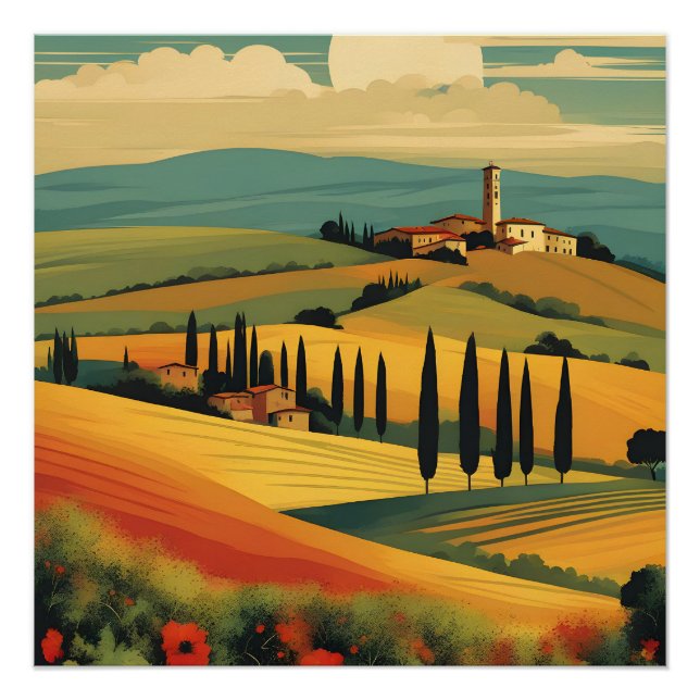 Póster Idílica campiña toscana al atardecer (Anverso)