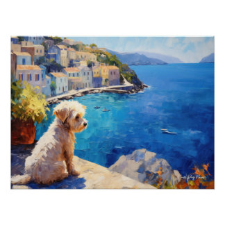 Póster Idílica ciudad mediterránea, Perro Goldendoodle 02