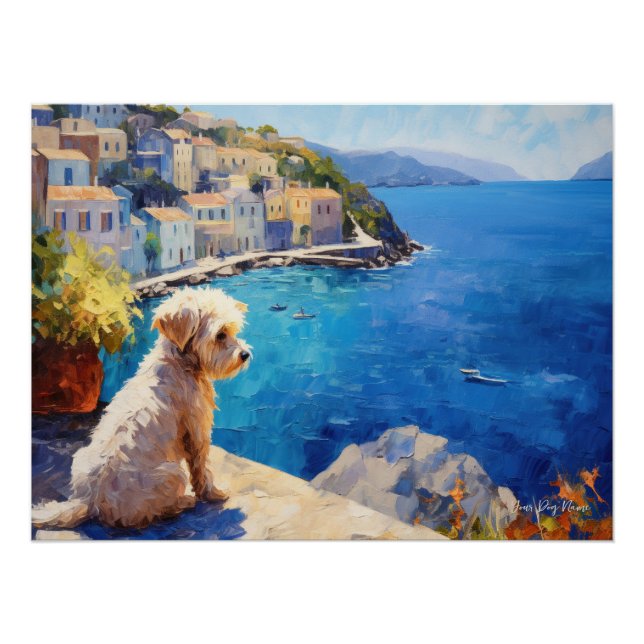 Póster Idílica ciudad mediterránea, Perro Goldendoodle 02 (Anverso)