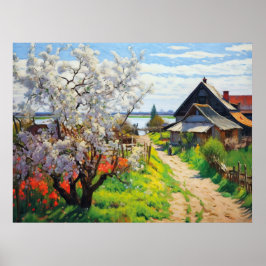 Póster Idílica granja de primavera flores de cerezo en Sa