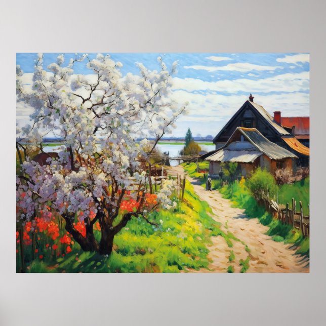 Póster Idílica granja de primavera flores de cerezo en Sa (Frente)