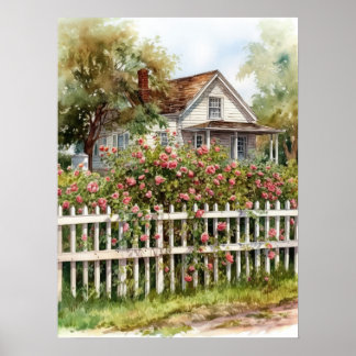 Póster Idílicos Rosas de escalada en el campo rural rural