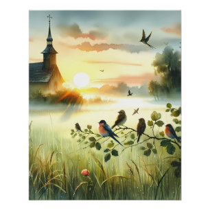 Póster Iglesia al amanecer con pájaros en pradera brumosa