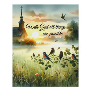 Póster Iglesia al amanecer con pájaros en prado brumoso