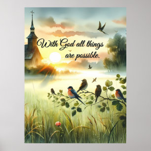 Póster Iglesia al amanecer con pájaros en prado brumoso