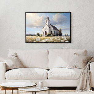 Póster Iglesia blanca en un campo floral