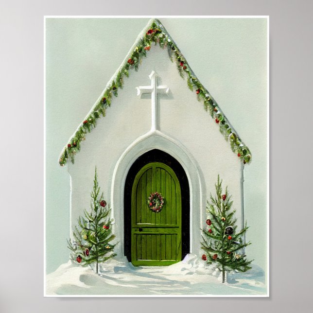 Póster Iglesia cubierta de nieve vintage en Navidades (Frente)