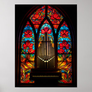 Póster Iglesia de Amapola Roja Gótica Órgano de Tubos Vid