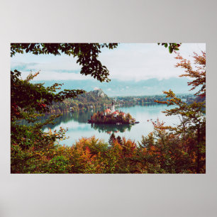 Póster Iglesia de Asunción en el Lago Bled Eslovenia en e