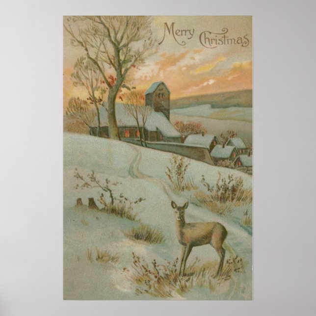 Póster Iglesia de ciervos de campo de invierno nieve (Frente)