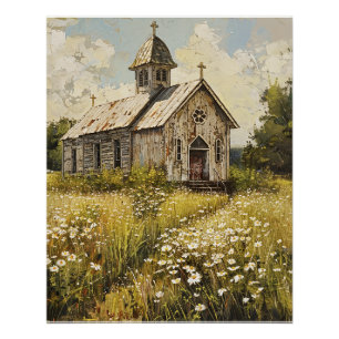 Póster Iglesia de la Vintage en un prado