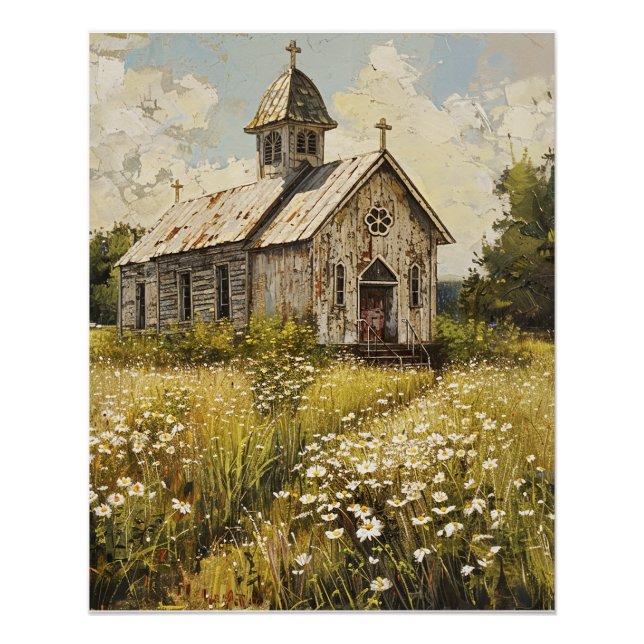 Póster Iglesia de la Vintage en un prado (Anverso)