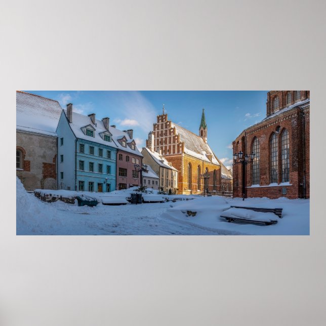 Póster Iglesia de San Pedro en invierno en Riga, Letonia (Frente)