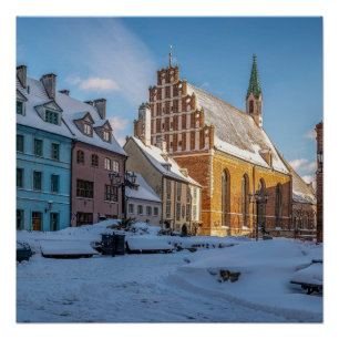 Póster Iglesia de San Pedro en invierno en Riga, Letonia