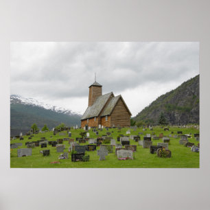 Póster Iglesia de Stave con cementerio en poster noruego