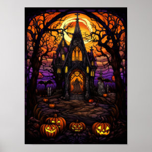Póster Iglesia embrujada de Halloween en el bosque en vit