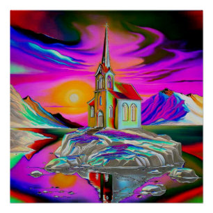 Póster Iglesia en el paisaje psicodélico 1