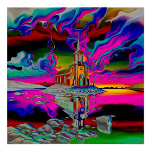 Póster Iglesia en el paisaje psicodélico 2