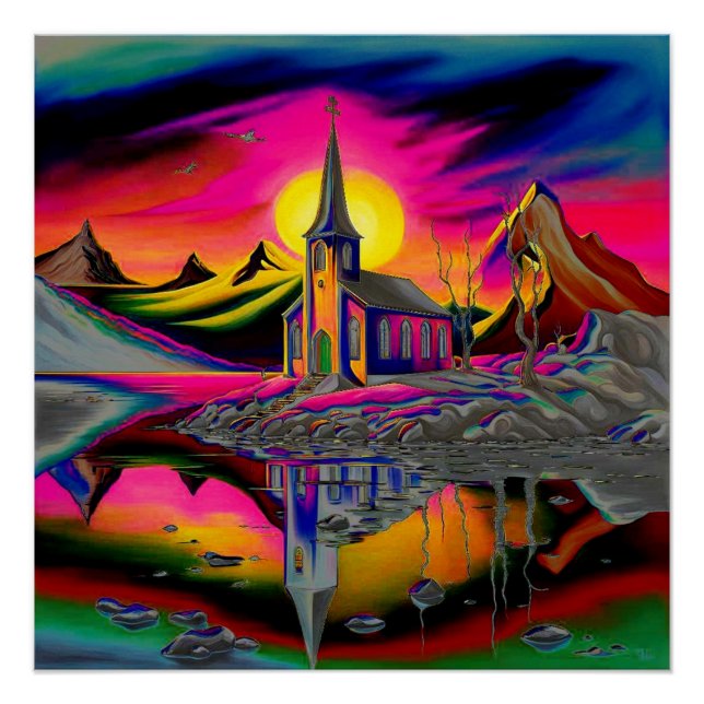Póster Iglesia en el paisaje psicodélico 4 (Anverso)