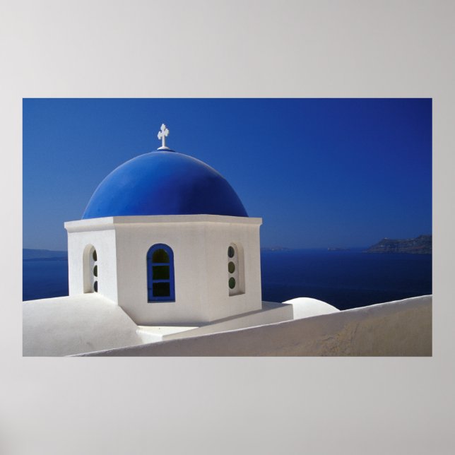 Póster Iglesia encalada con Domo Azul, Santorini (Frente)
